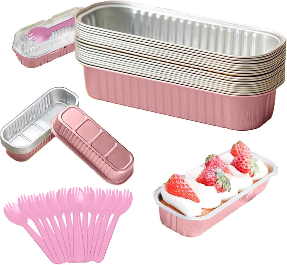 12Pack Mini Loaf Pans with Lids and Spoons, 6.8oz Disposable Rectangle Aluminum