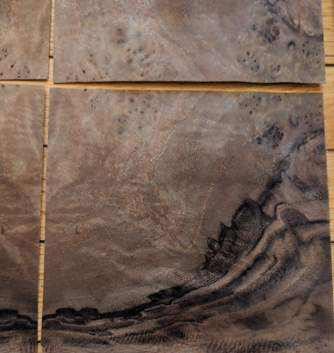 Walnut burl veneer 4 pieces 6" x 6 1/2" each wood 1/42" raw