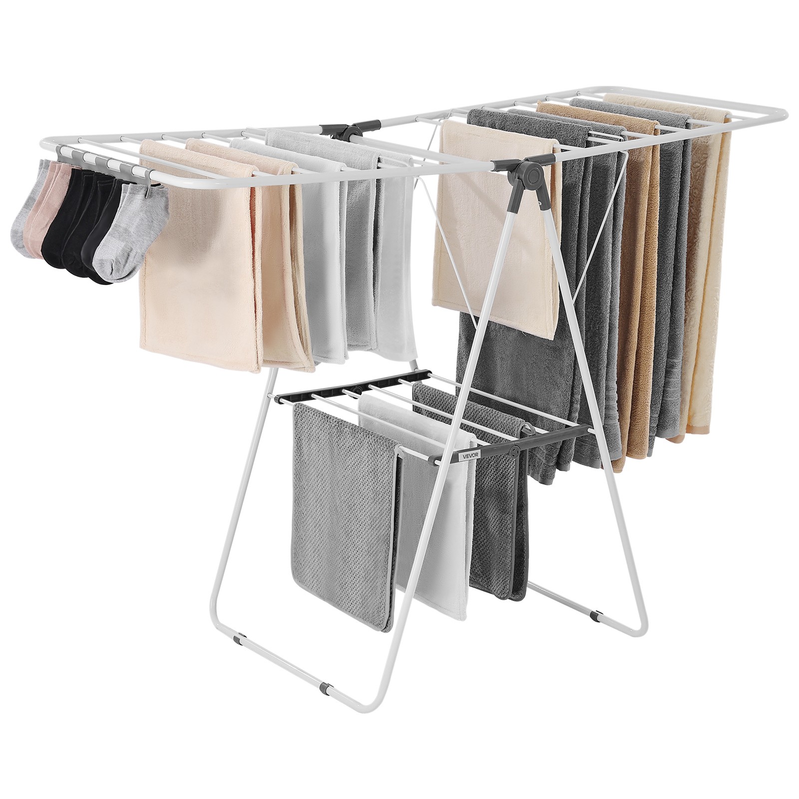 VEVOR 2-Tier Foldable Clothes Drying Rack with Sock Clips & 21 Drying Rods White