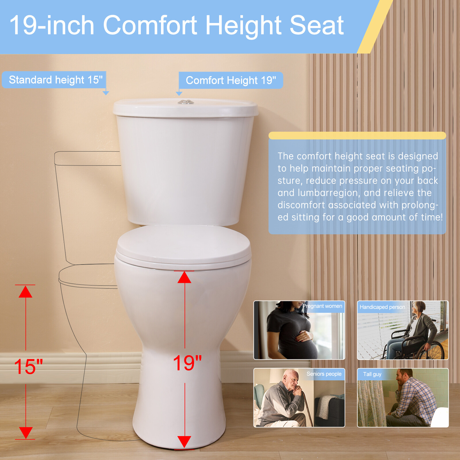 19" High Rear Outlet Toilet Dual Flush Round for Seniors Handicap Tall Users