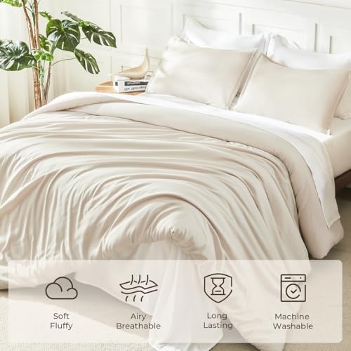Comforter Set 3 Pieces Lightweight Fluffy Solid Bedding Comforter Queen Beige