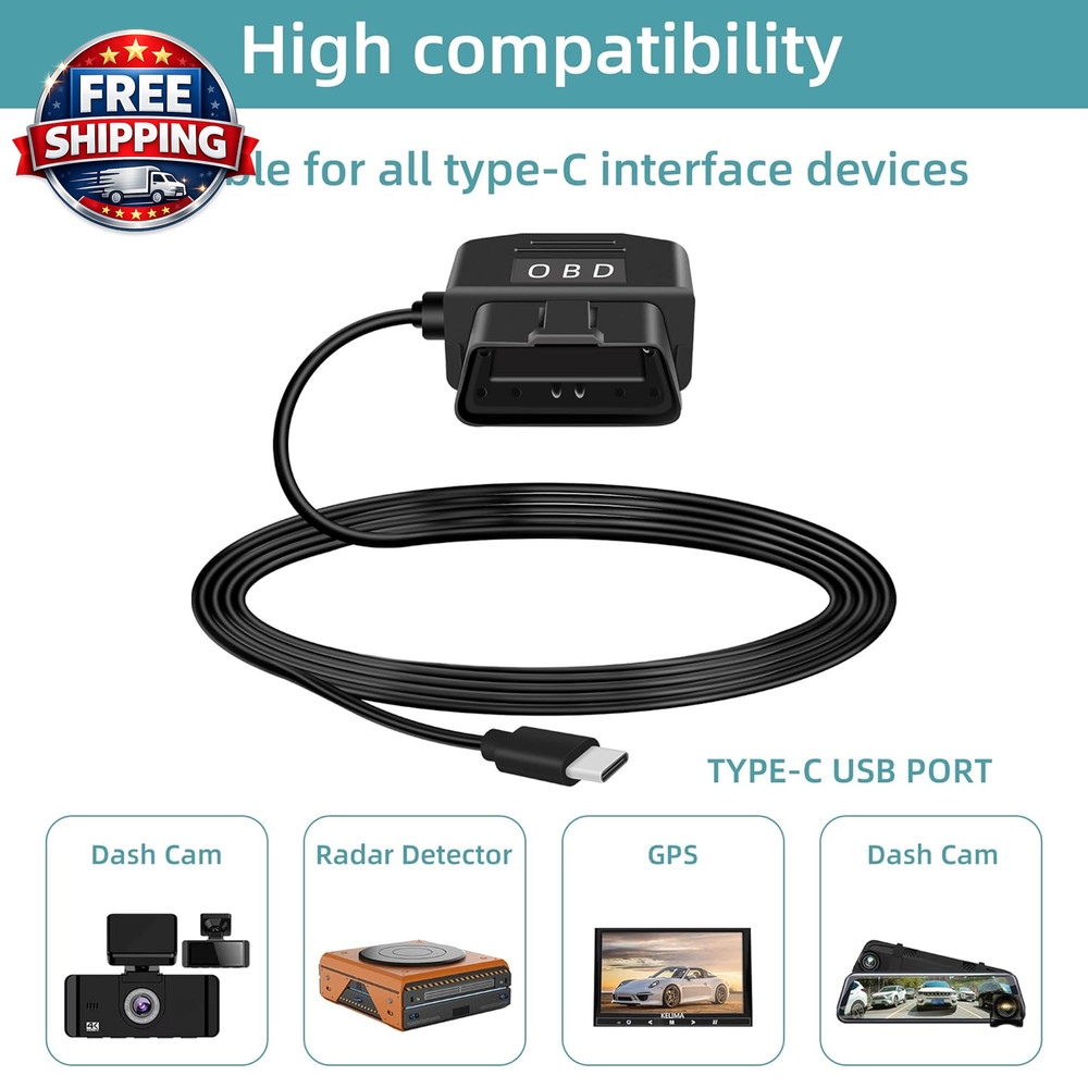 OBD Power Cable for Dash Camera, USB C OBD2 Dash Cam Power Cable with Switch But