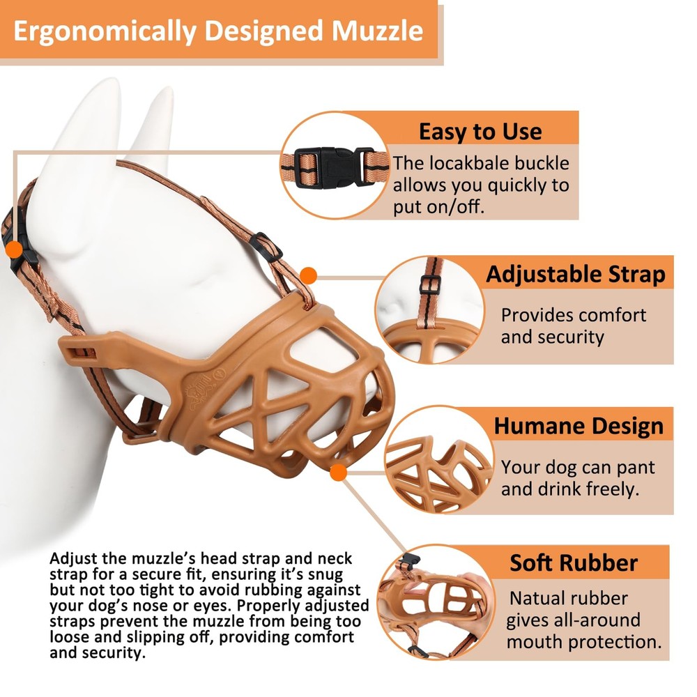 BARKLESS Dog Muzzle, Basket Muzzle for Biting, Chewing and Medium, Brown