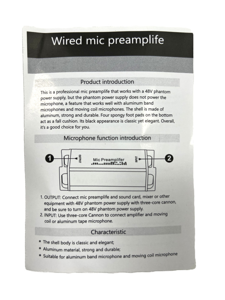 LASE-M8 Wired Preamplifier for Microphone 48V Phantom Power Supply