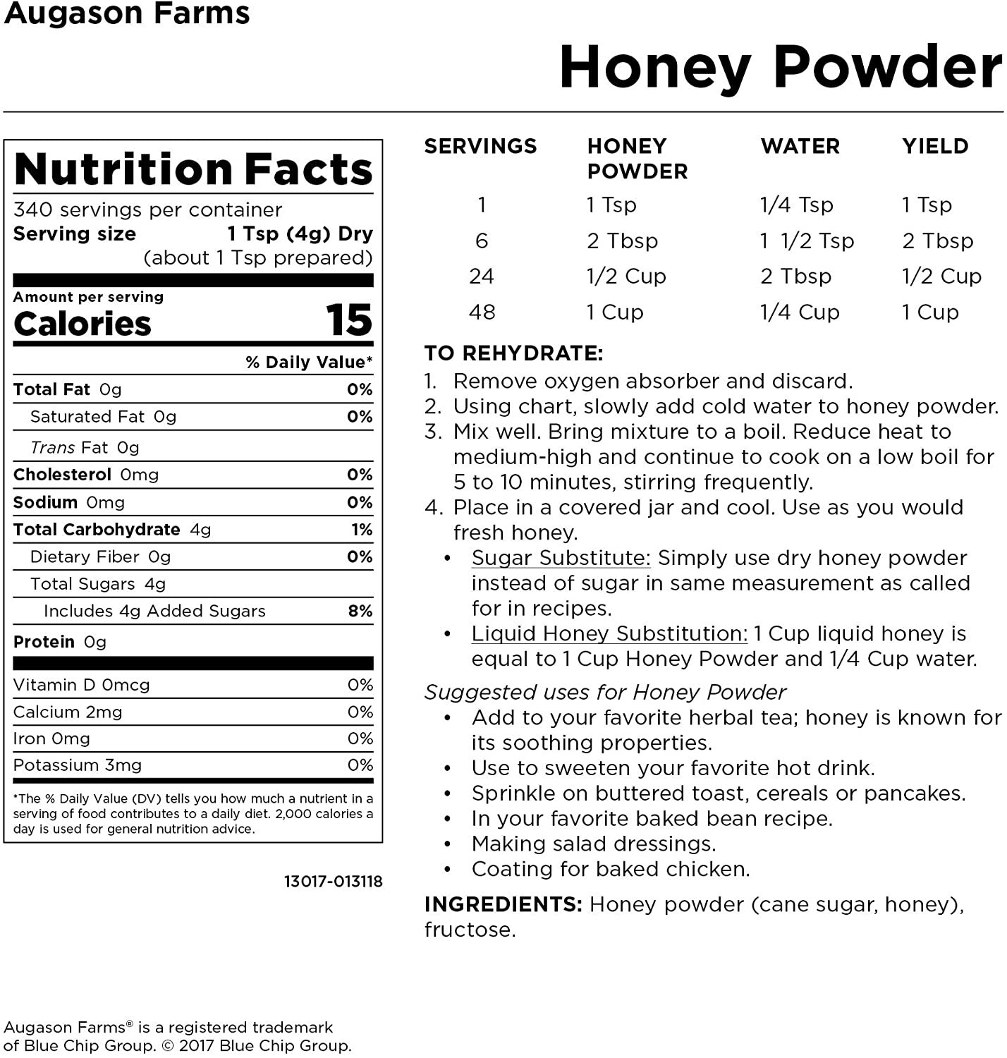 Augason Farms Honey Powder, 3 LBS #10 Can Long Term Emergency Survival Food 30Yr