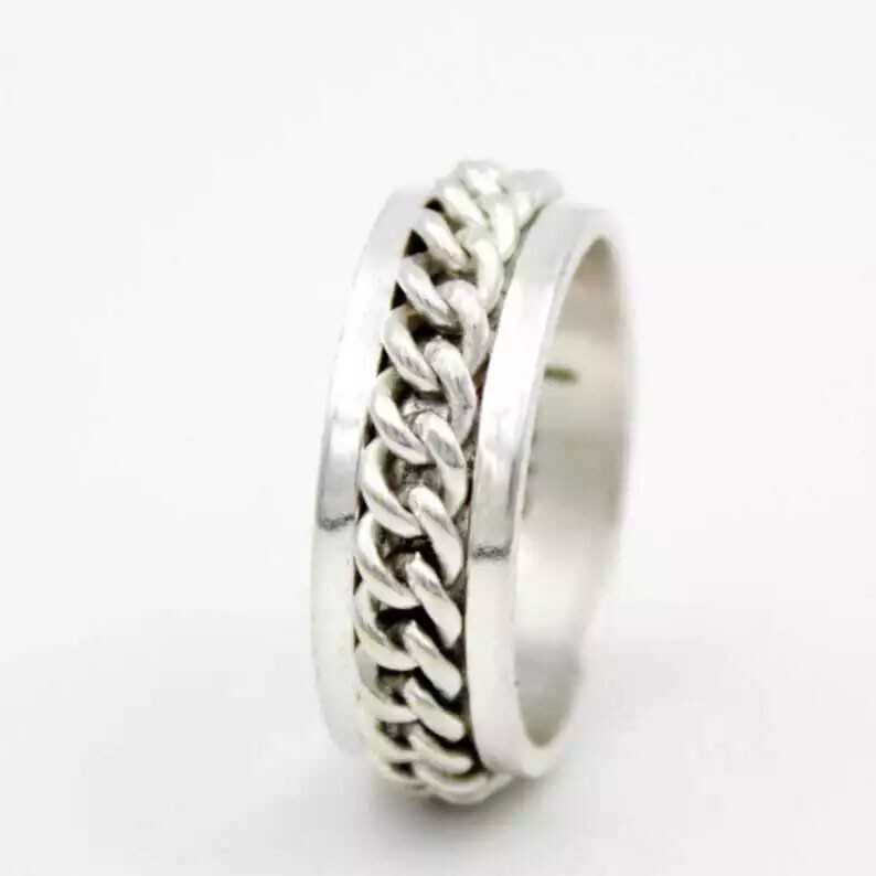 Solid 925 Sterling Silver Spinner Handmade Ring Loose Curb Chain Unique For Him