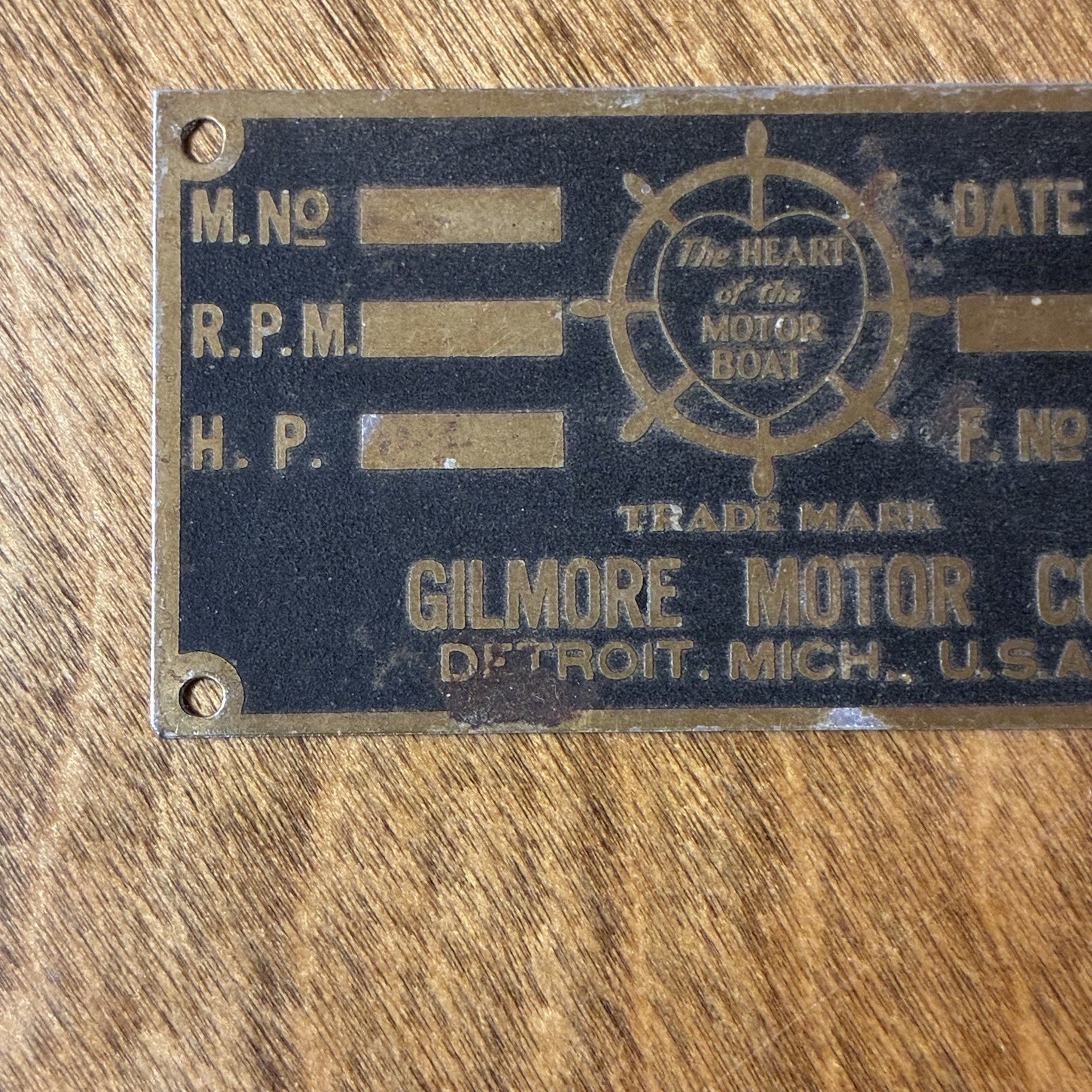 Gilmore Motor Co Tag Marine Engine Boat Brass Makers Badge Detroit MI Vintage