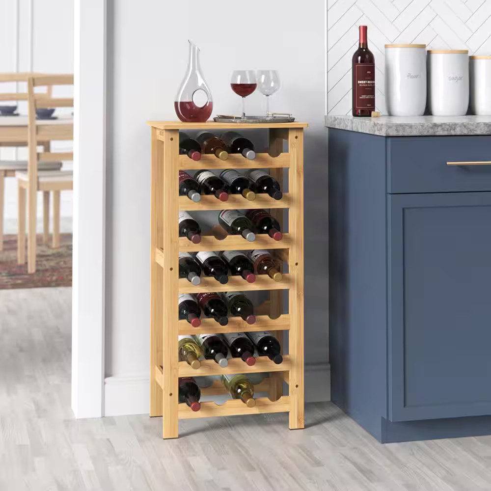 28-Bottle Bamboo Wine Rack Free-Standing Shelving Unit