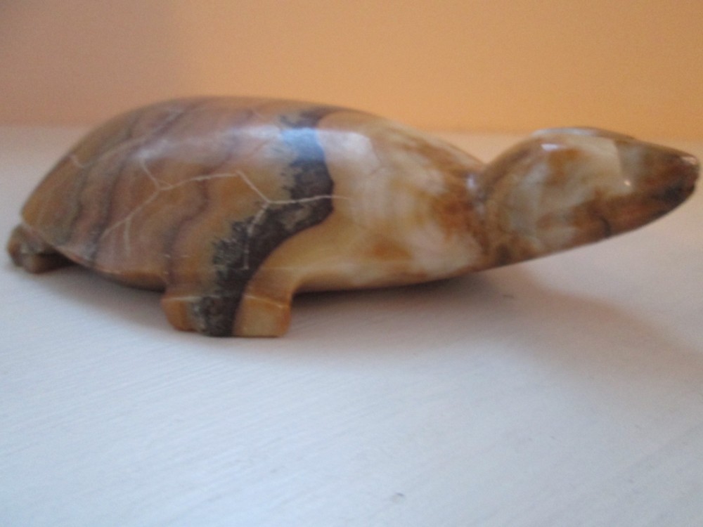Solid Stone Turtle Figurine Hand Carved 6" Long