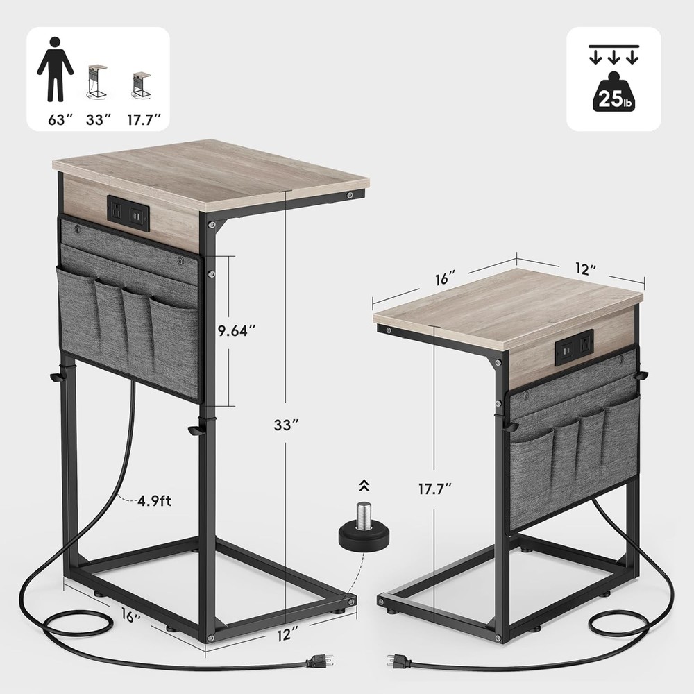 C Shaped End Table W/ Charging Station 33"Tall C Table End Table Adjustable