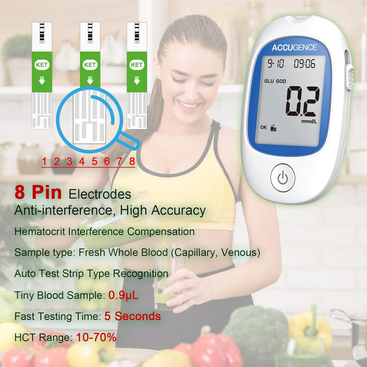 5 Second 3in1 Home Blood Ketone Tester Blood Glucose Meter Uric Acid Test lty