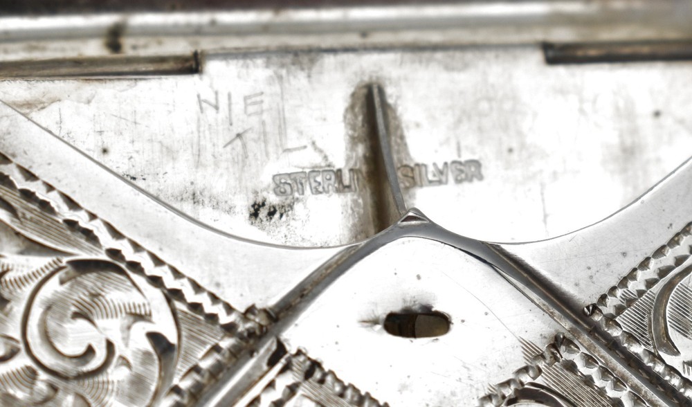 Antique Solid Silver Double Stamp Case Scroll Pattern Engraved Envelope Shape