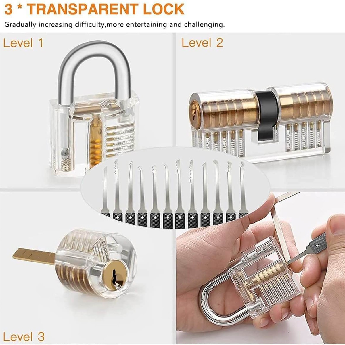34 Pcs Padlock Unlocking Lock Practice Tool Set for Novice Beginner Locksmith US