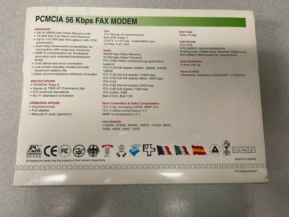 Unopened PCMCIA FAX Modem PC Card 56Kbps