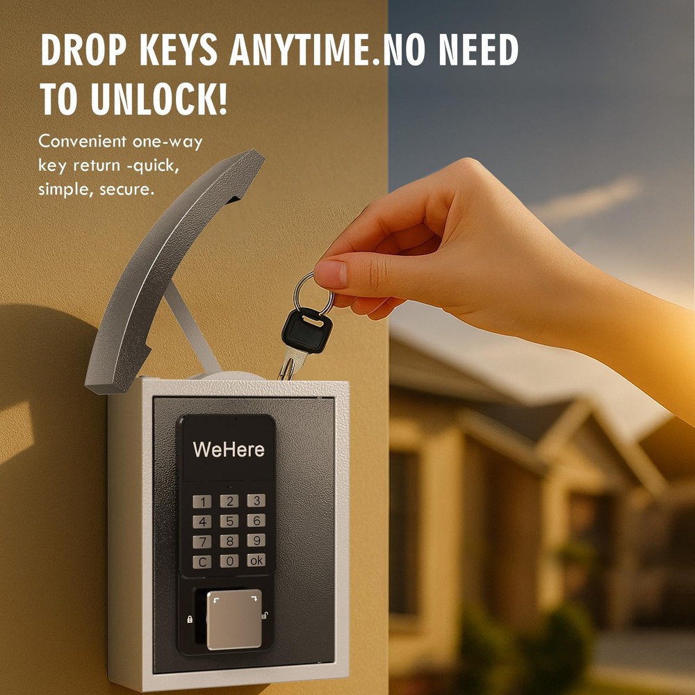 WeHere Key Lock Box Wall Mount with Key Drop Slot, Smart Digital Lockbox, OTP...