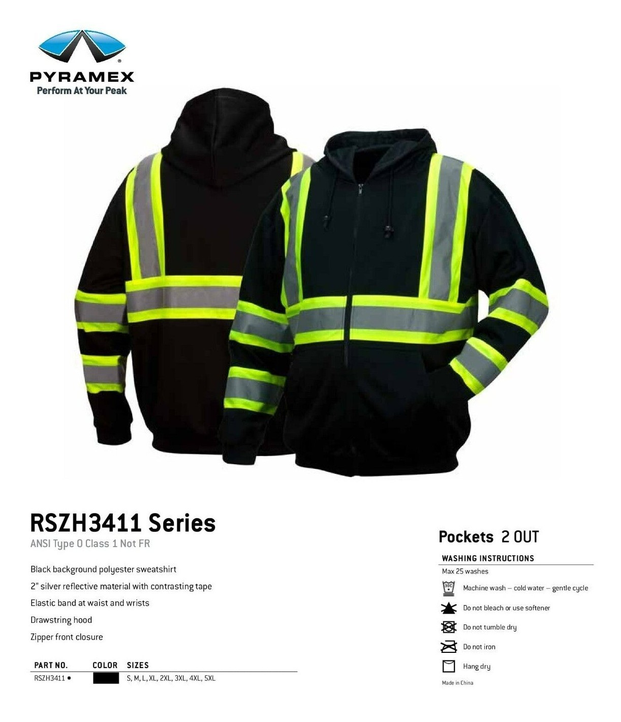 BLACK HI VIS ANSI REFLECTIVE WORK SAFETY ZIP UP HOODED FLEECE HOODIE SWEATSHIRT