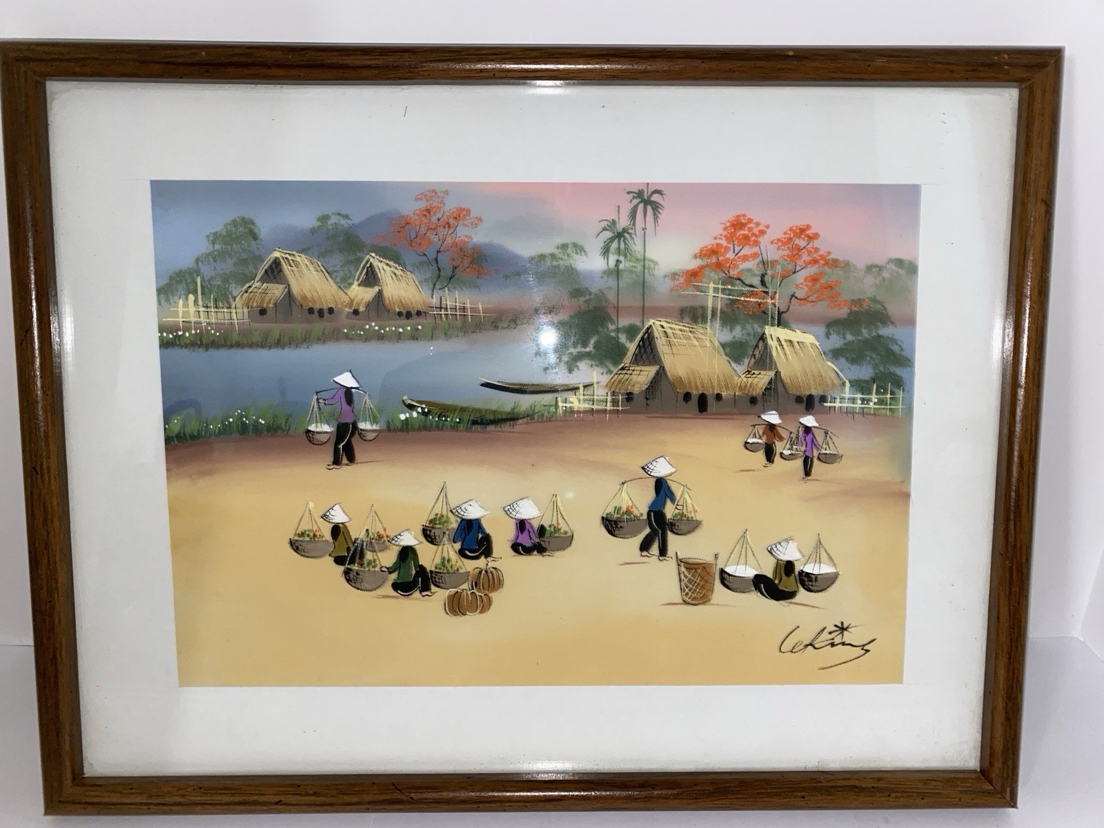 Framed Vietnamese Asian Art Silk Screening Water Colors Signed “Women Working”