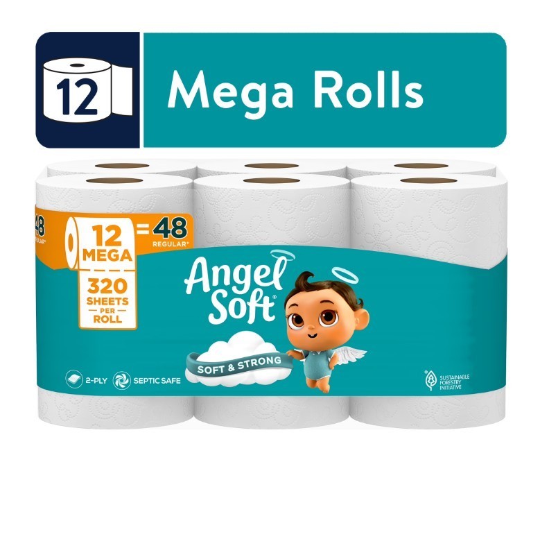 Angel Soft 2-Ply Toilet Paper, 12 Mega Rolls, 320 Sheets Per Roll