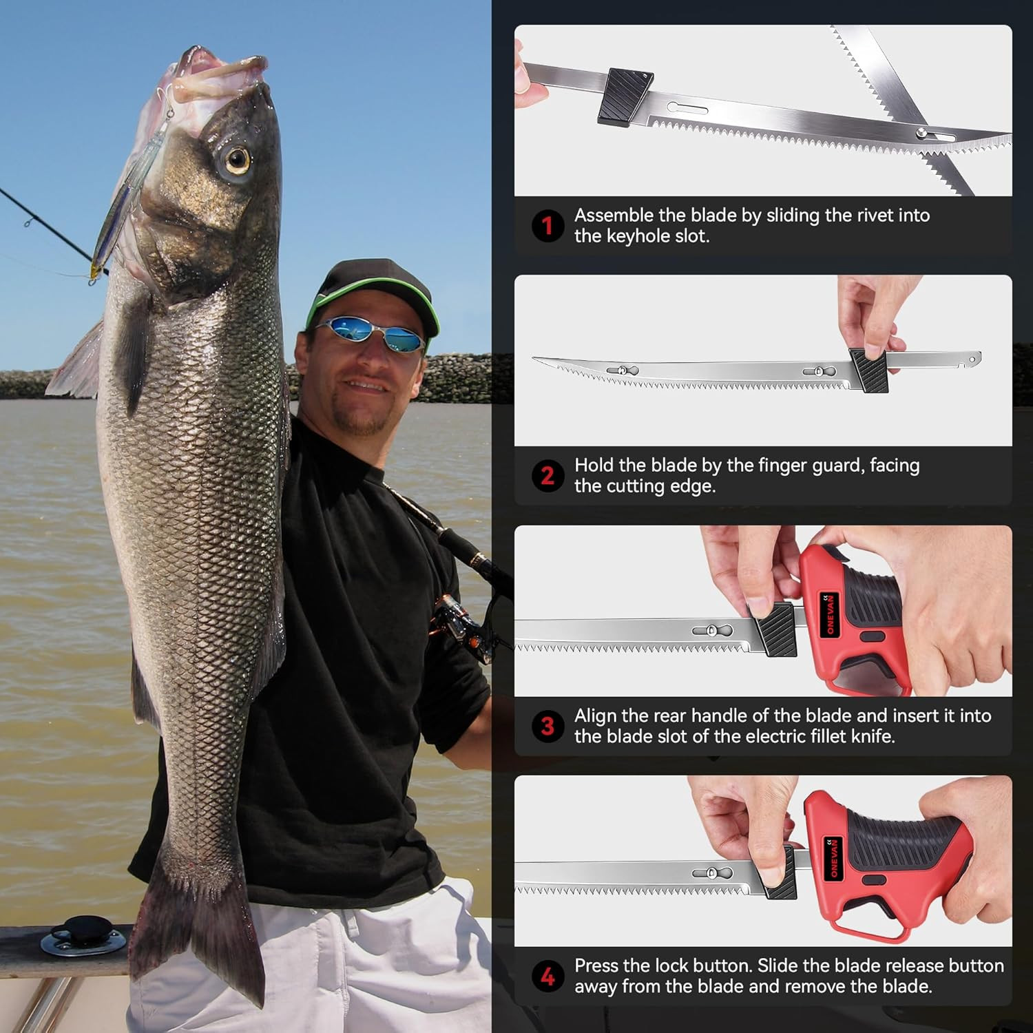 12V Cordless Electric Fillet Knife, 4 Ti-Nitride Coated Non-Stick Blades, Cordle