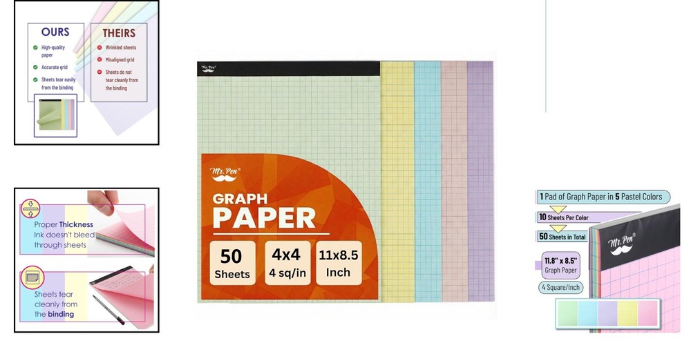 Versatile 11x8.5 Pastel Graph Paper - 50 Sheets, Ideal for Students & Artists