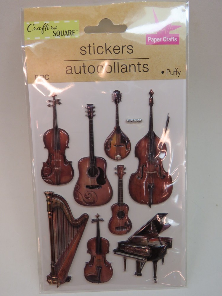3-D STICKERS ~ 8 Piece Stringed Instruments + Piano; Violin, Guitar, Mandolin +