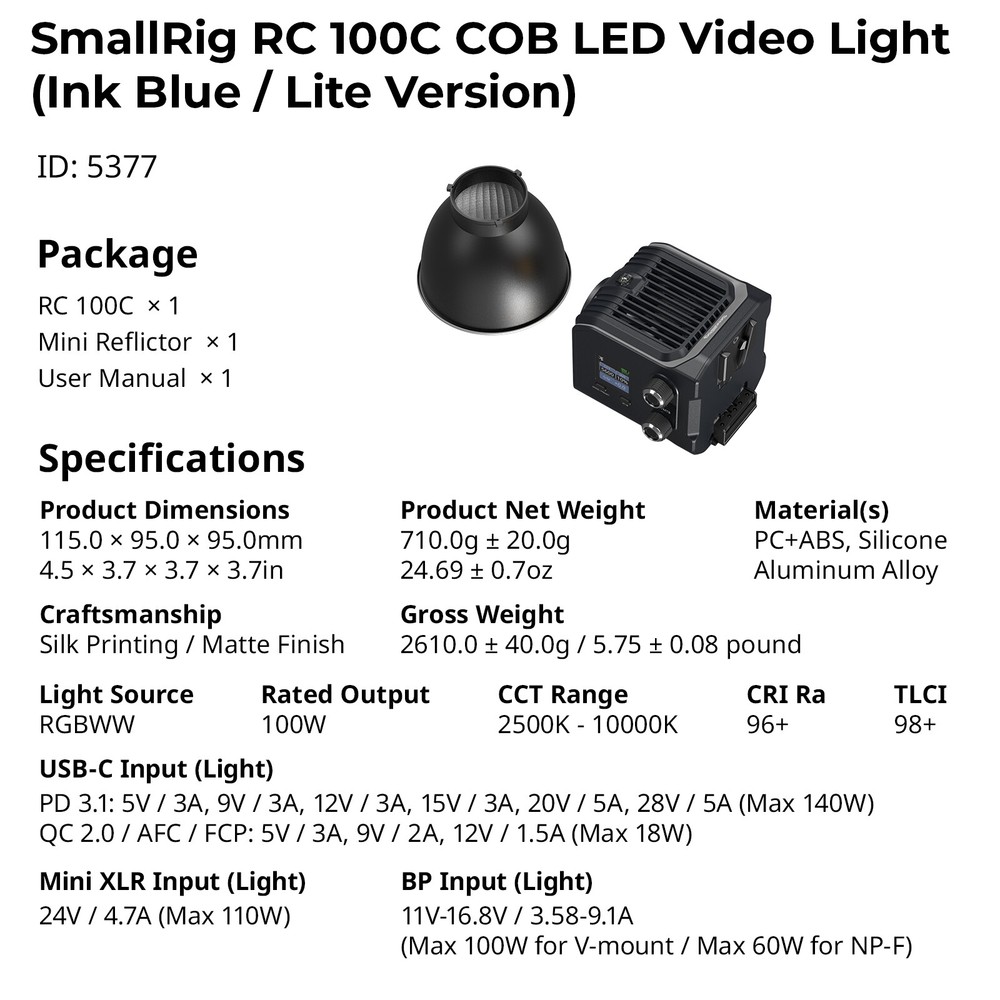 SmallRig RC 100W 100C RGBWW LED Video Light Mini COB Continuous Output Lighting