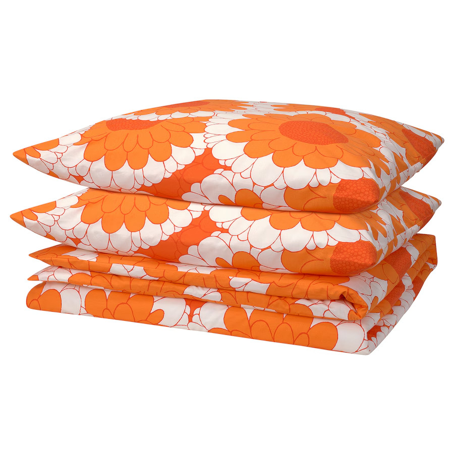 New IKEA KRANSMALVA Full Queen Duvet Cover + 2 Pillowcases Orange White Floral