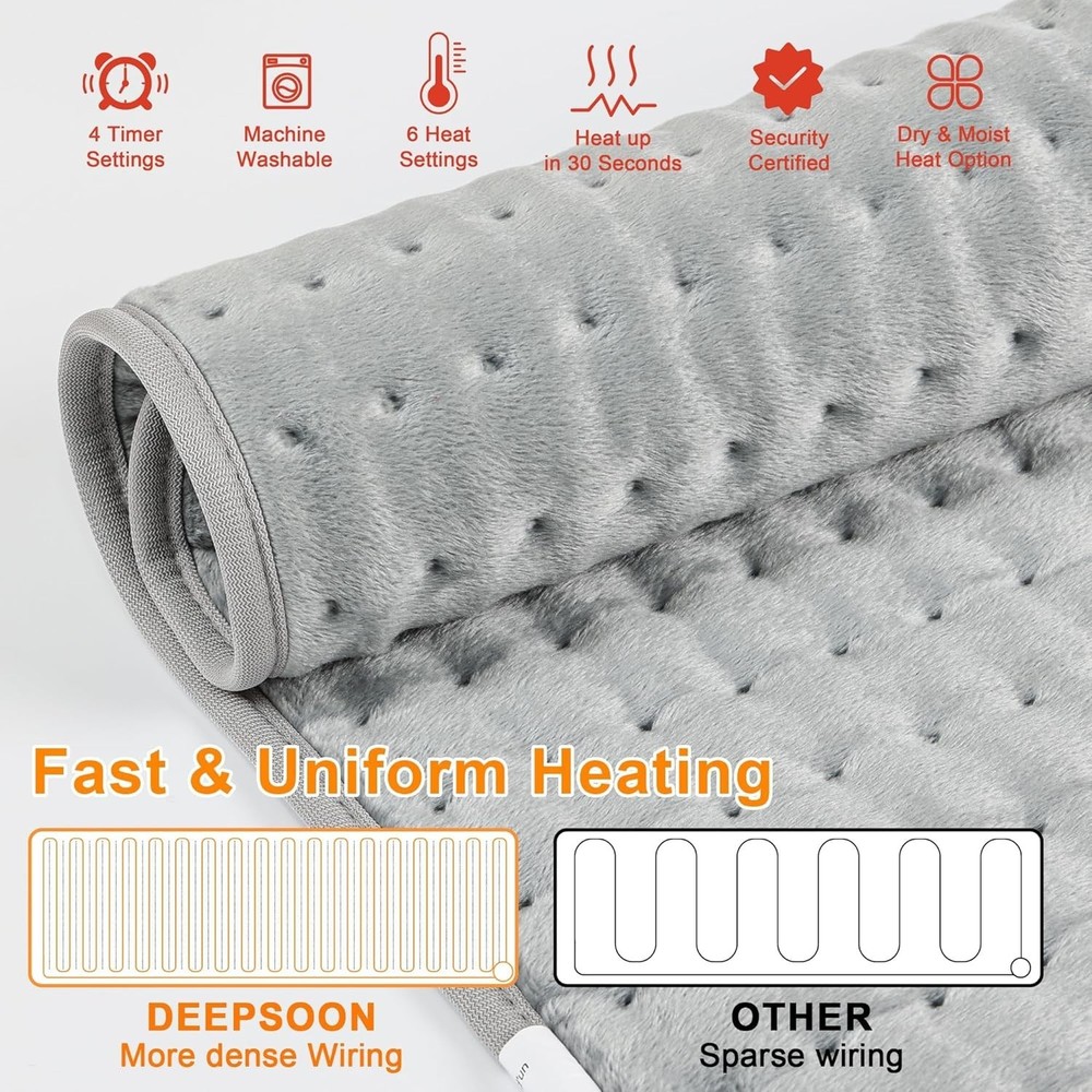 Versatile Electric Heating Pad - 6 Temp Settings, Machine Washable - Light Gray