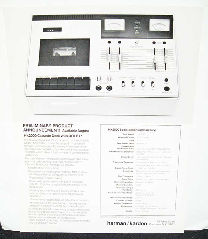 Harman Kardon HK2000 Tape Deck Design Specifications Blueprints +