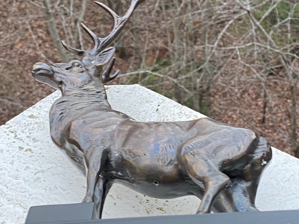 Bronze Deer Buck Complete Rack Antlers Posed On Step Plinth Statue