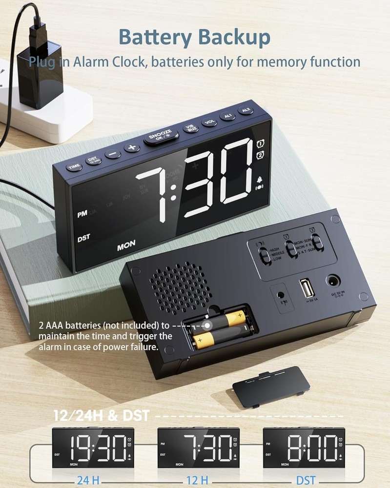 Battery Backup Alarm Clock with Vibrating Feature & USB Port for Convenience
