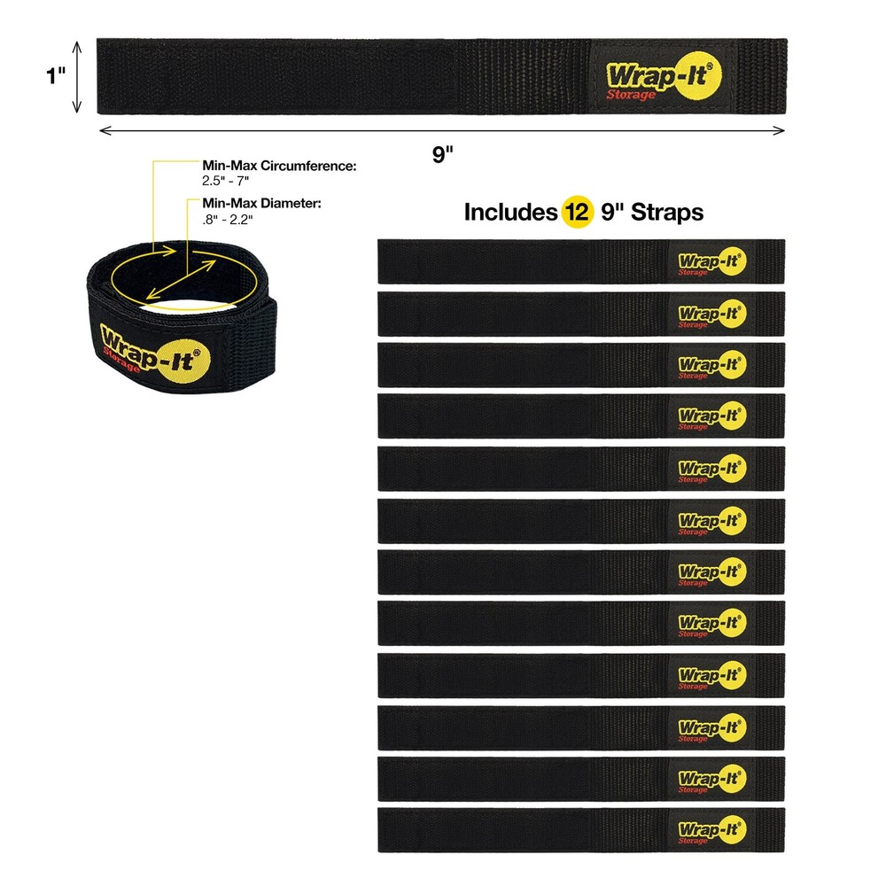 Quick-Straps by Wrap-It Storage – 9” (12-Pack) Black - 9" (12 Pack),