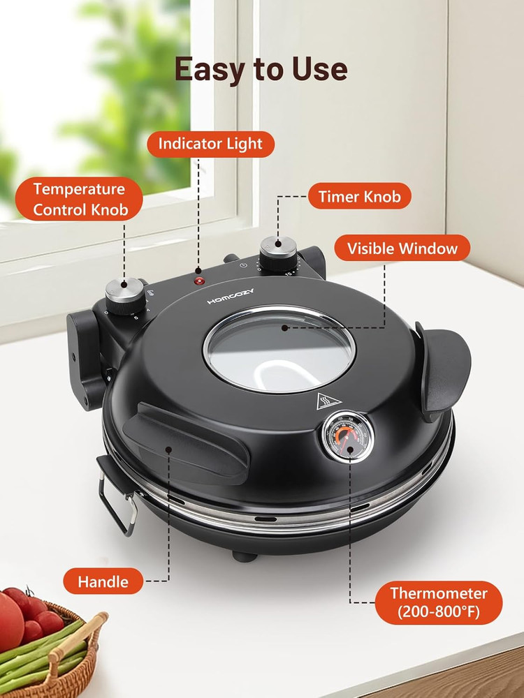 12-Inch Electric Pizza Oven with Ceramic Stone & Adjustable Timer, 1200W