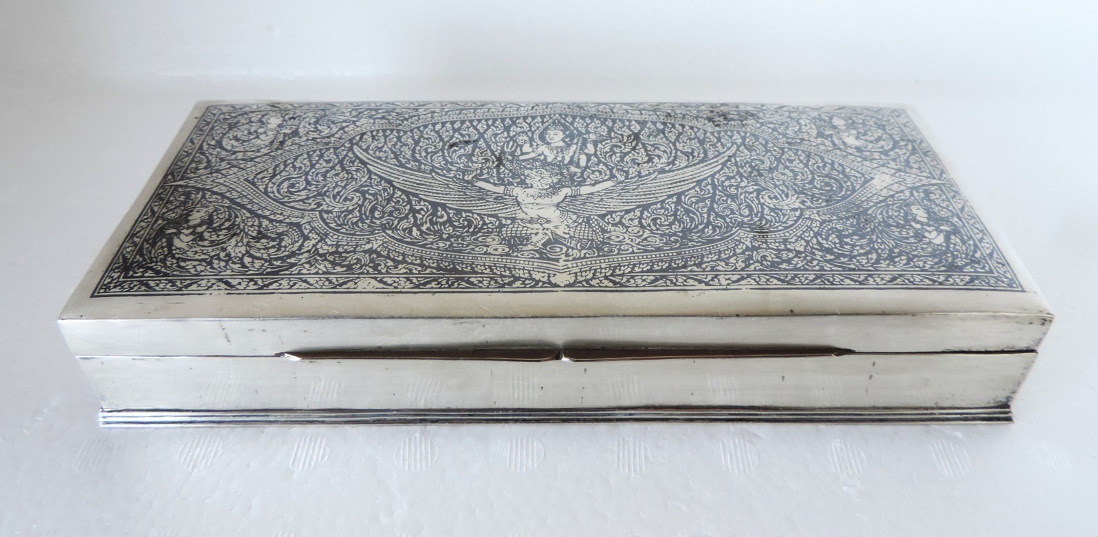 20th Century Thai Siam Sterling Silver & Niello Garuda Box, Bangkok, c.1940 503g