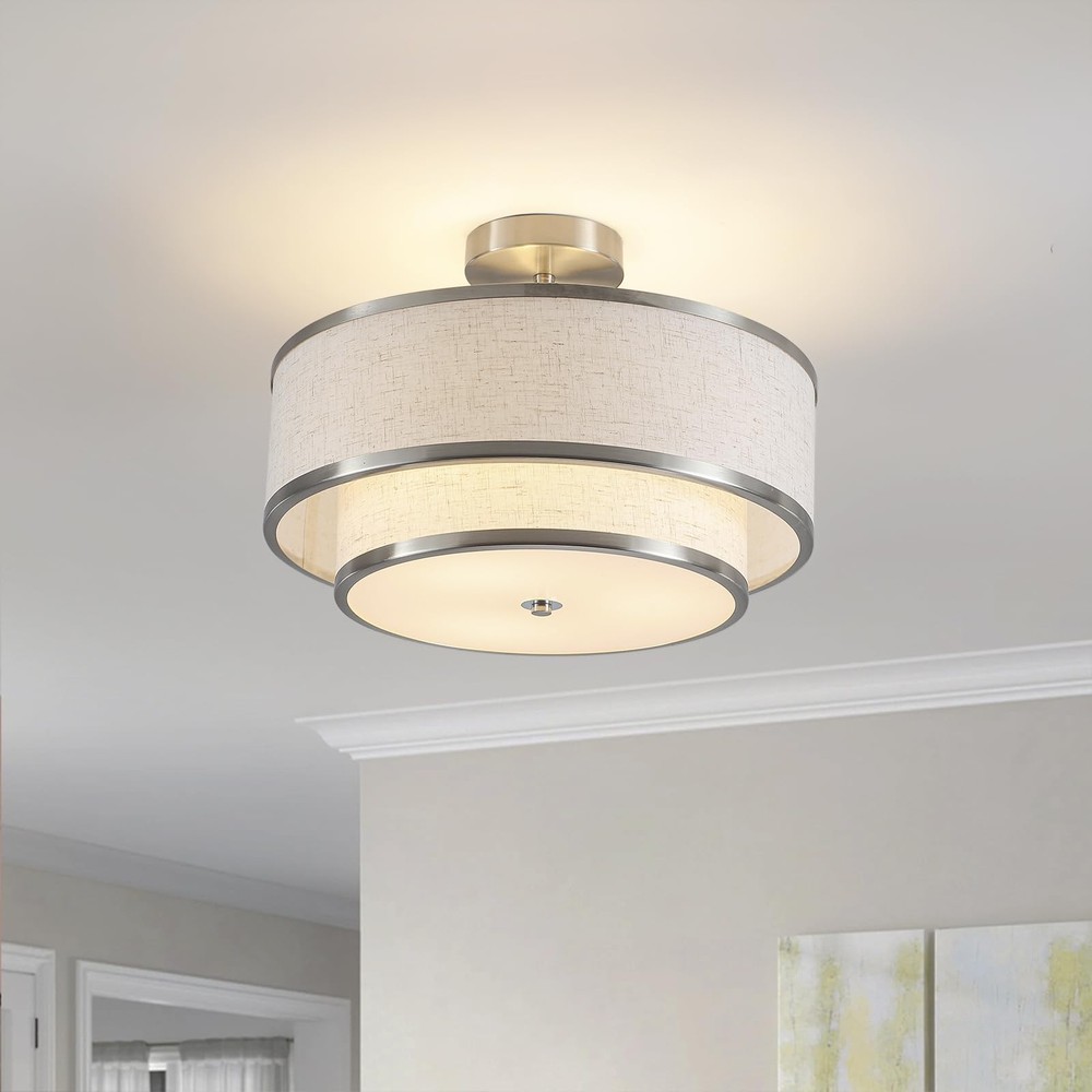 Semi Flush Mount Ceiling Light, 3-Light Double Drum Ceiling Light Fixture wit...