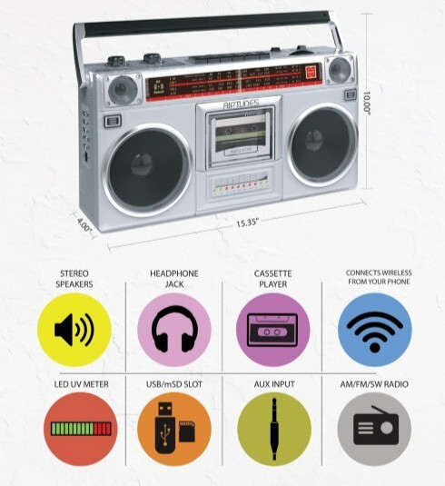 RIPTUNES Retro Radio Cassette Stereo Boombox AM/FM SW1/SW2 Bluetooth USB microSD