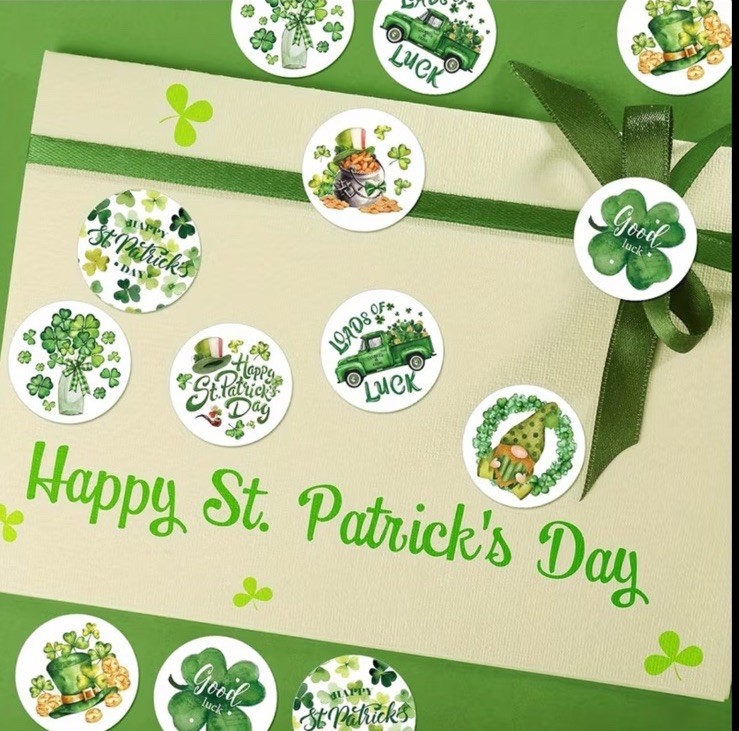 40 PCs Round 1” St Patrick’s Day Themed Stickers 8 Designs Parties Env Seals