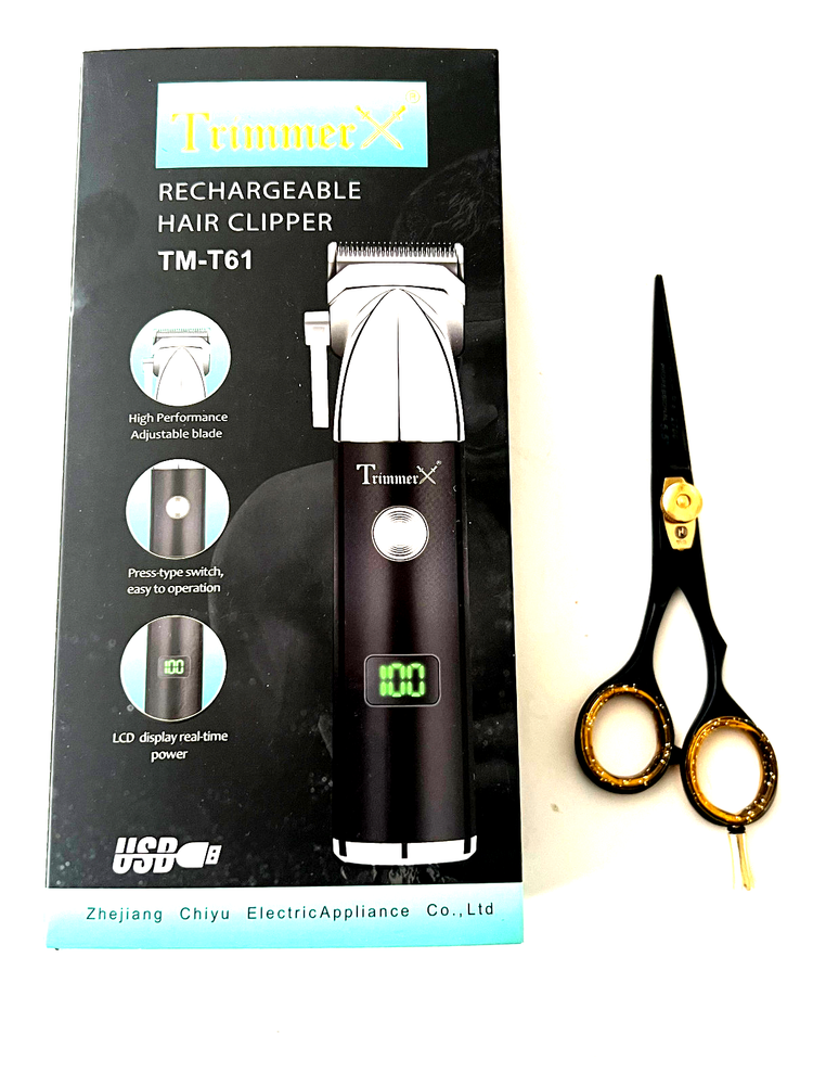 Men's Professional Hair Clipper Trimmer + 5.5" German Scissors Bundle Set