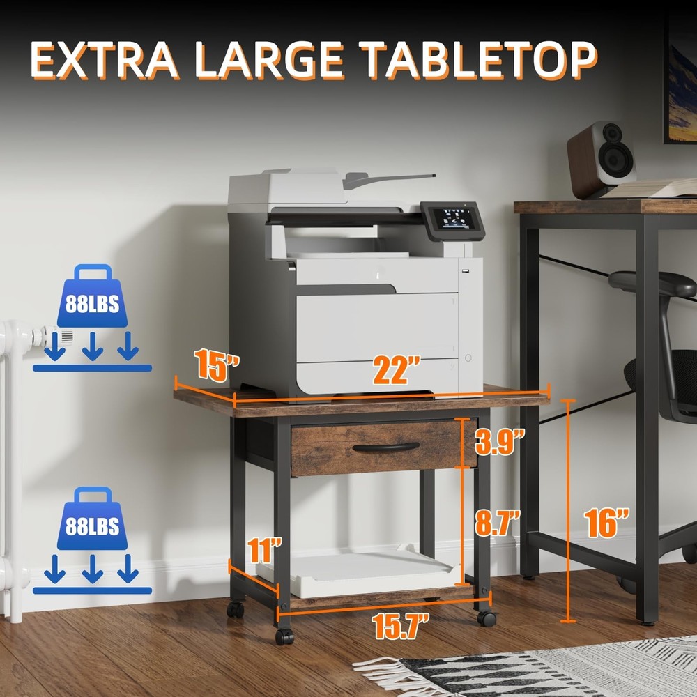 Large Printer Stand with Storage Drawer, 2-Tier Under Desk Table for Home Off...