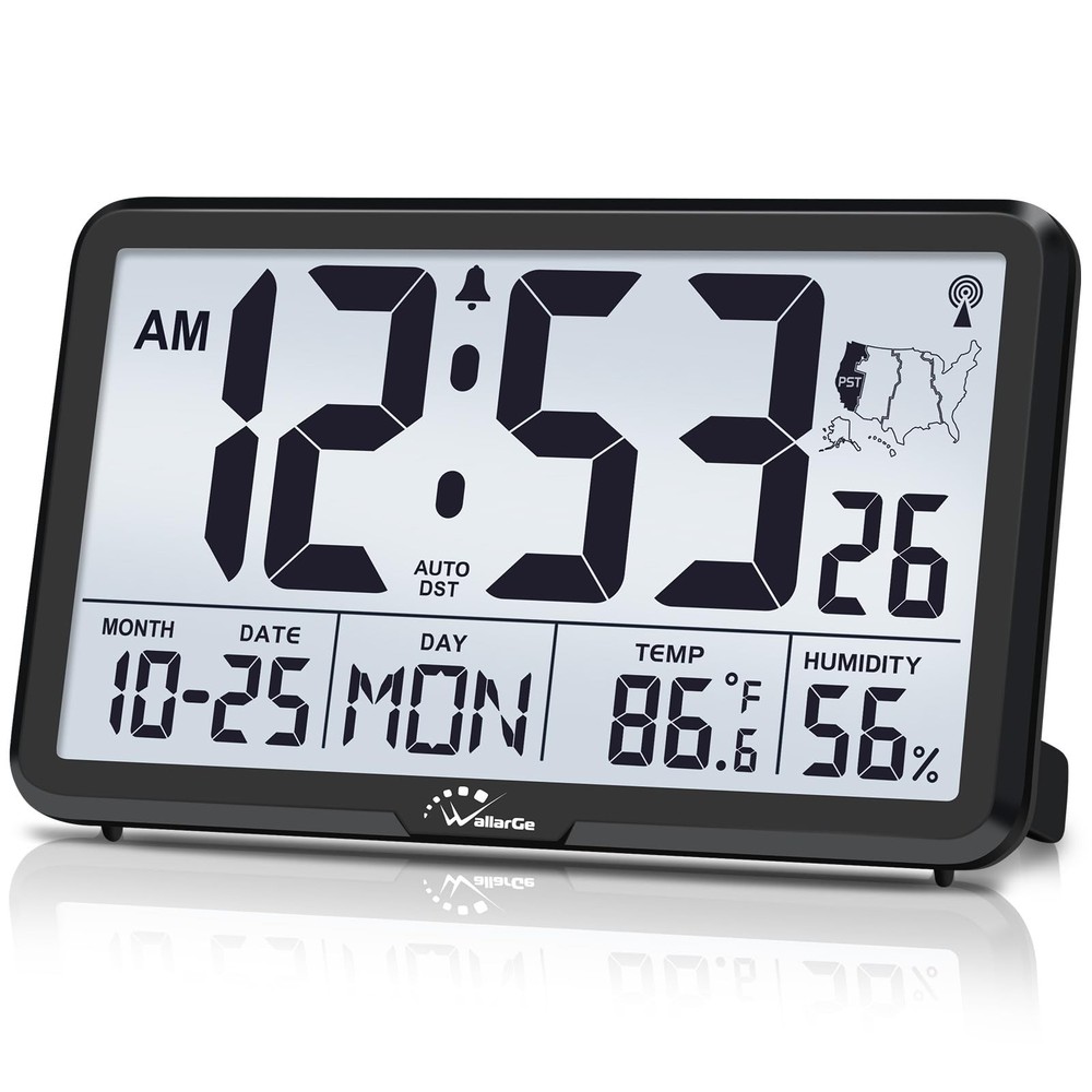 WallarGe Atomic Wall Clock with Backlight, Digital Large, Backlight-black