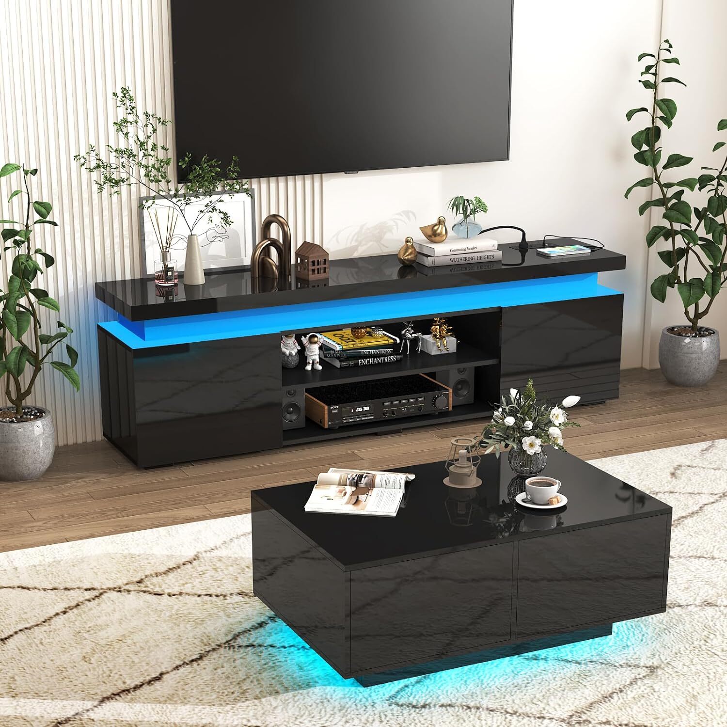 66"/75" Modern High Gloss LED TV Stand, Entertainment Center for 75"/85" TV