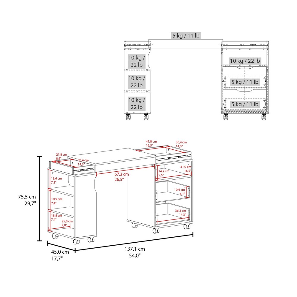 Extendable Desk with 2 Drawers and 4 Shelves, Rolling Computer Desk