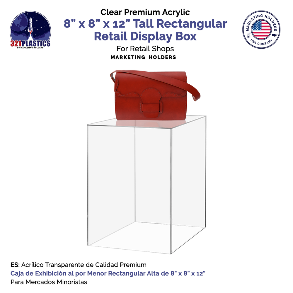 8" x 8" x 12" Rectangular Clear Acrylic Retail Display Box Dust Cover