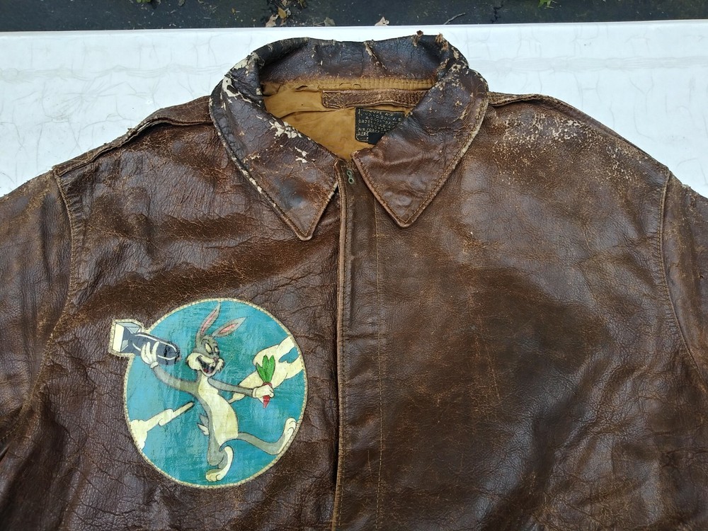WWII Original A-2 Flight Jacket Very Rare Size 50 Bugs Bunny Patch