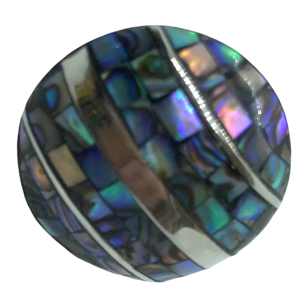 Vtg Inlaid Shell Ring Abalone mosaic Adjustable Artisan