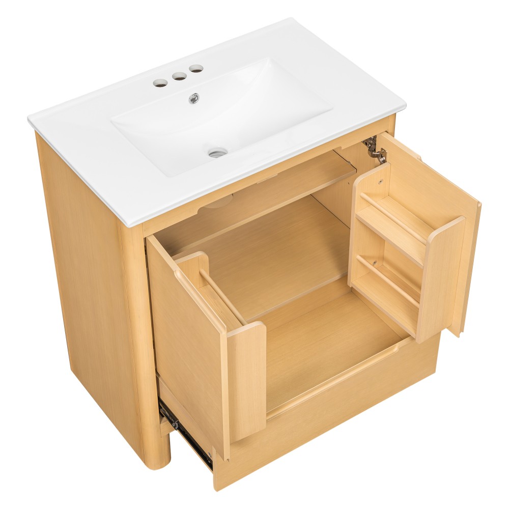 30in Oak Bathroom Vanity with Ceramic Sink, Soft-Close Doors, Adjustable Shelf