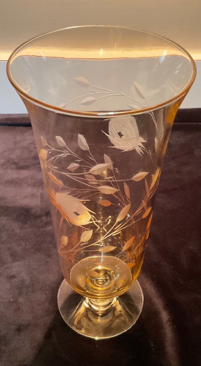 Vintage Amber Etched Art Glass Footed Vase. Vines and Flowers. 10”