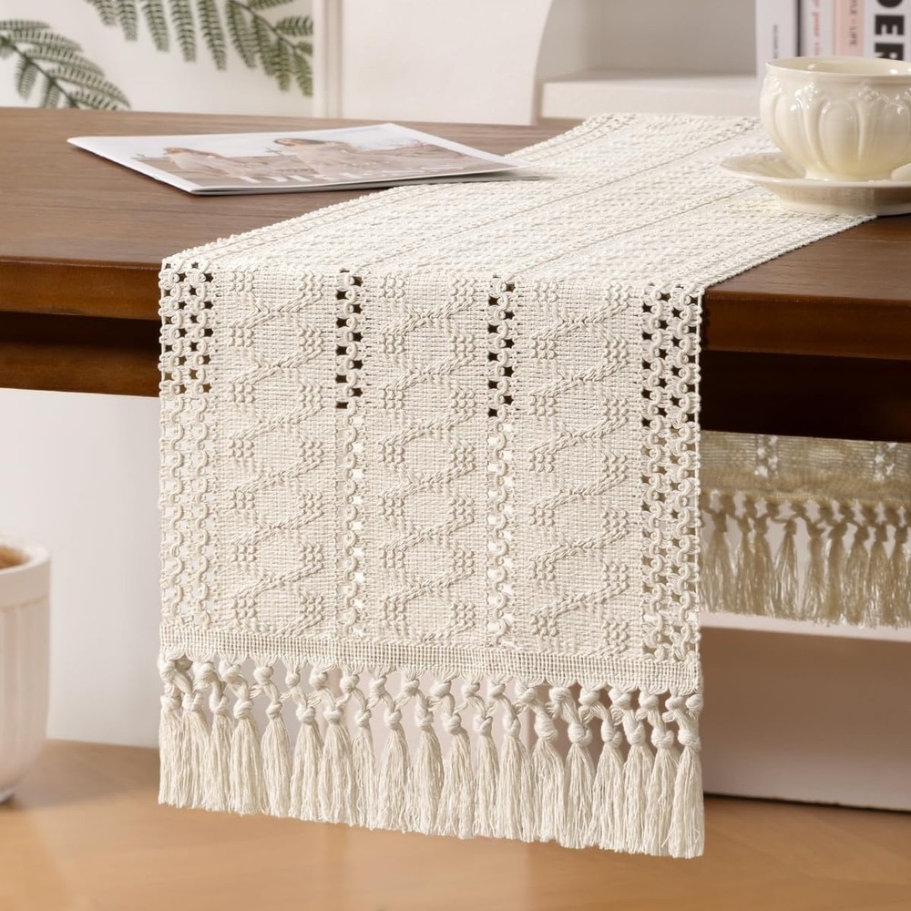 Beige Spring Boho Macrame Table Runner Rustic Farmhouse Woven Cotton Linen Bu...