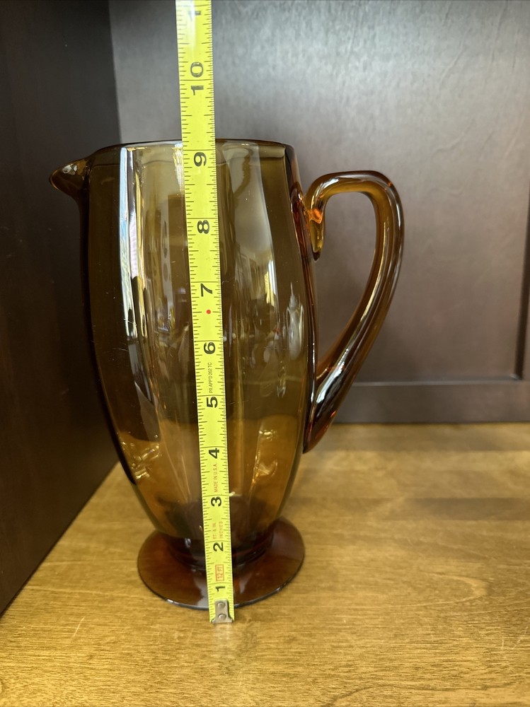 Glass Handled Pitcher Amber Honey Optic Panel 9.5”