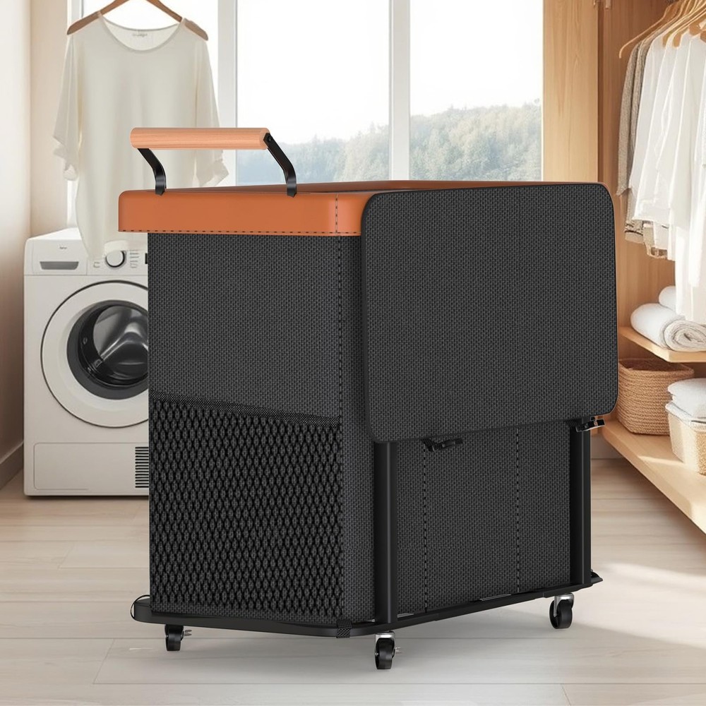 60 Gal (230L) Laundry Hamper 3 Section with Lid, Leather Patchwork Laundry So...